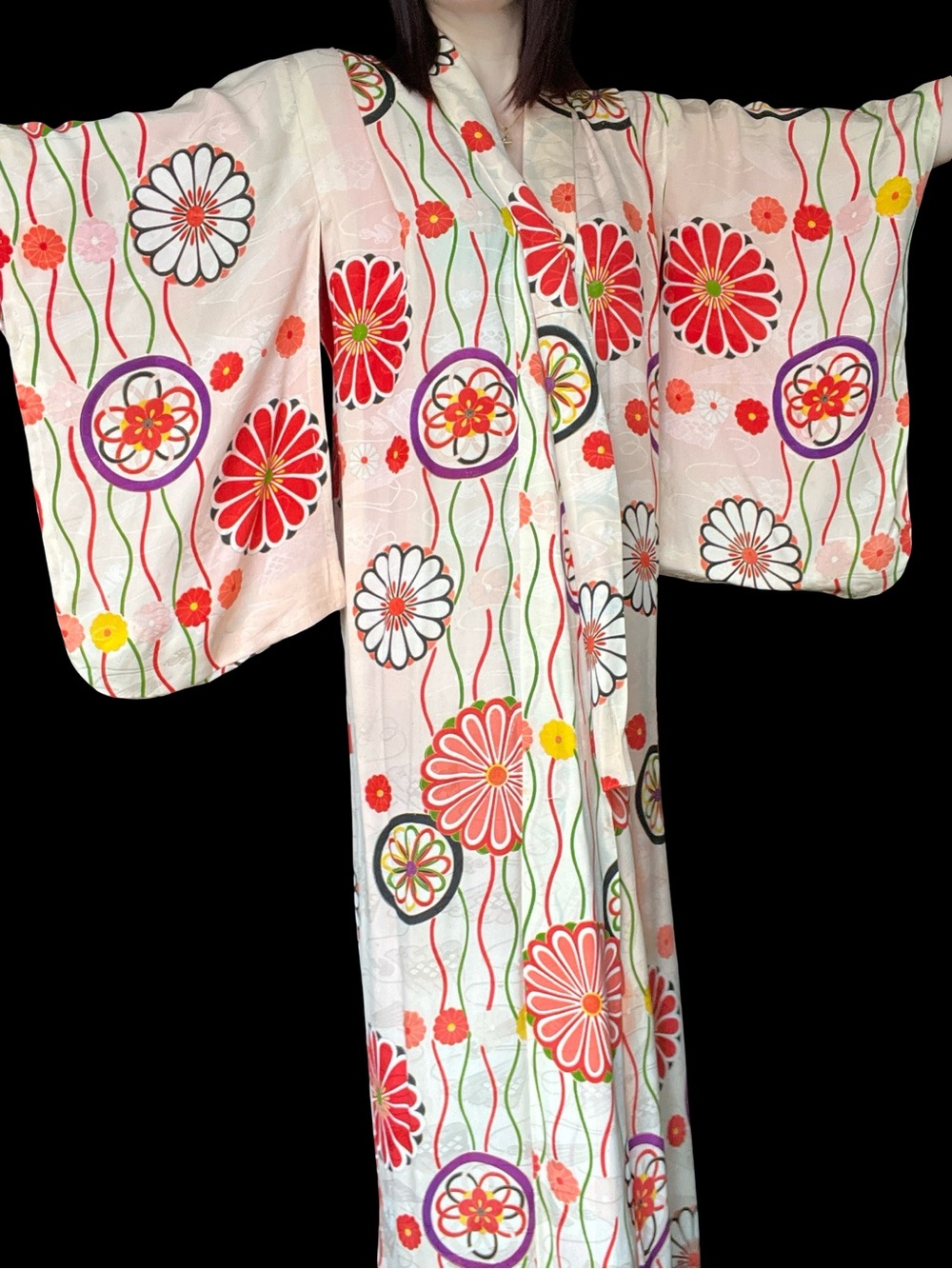 Vintage 1930's Geometric Floral Print Ivory Pale Pink Rayon Silk Kimono Dress